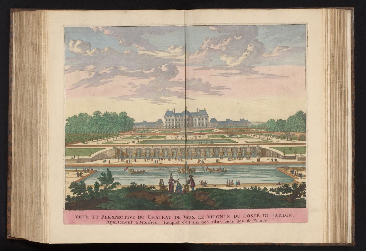 Hand-coloured 17th-century engraving of Vaux-le-Vicomte from the garden side