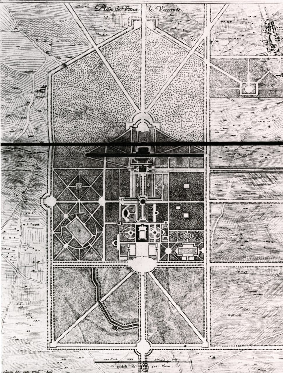 Israel Silvestre engraved site plan of Vaux-le-Vicomte showing the garden axis