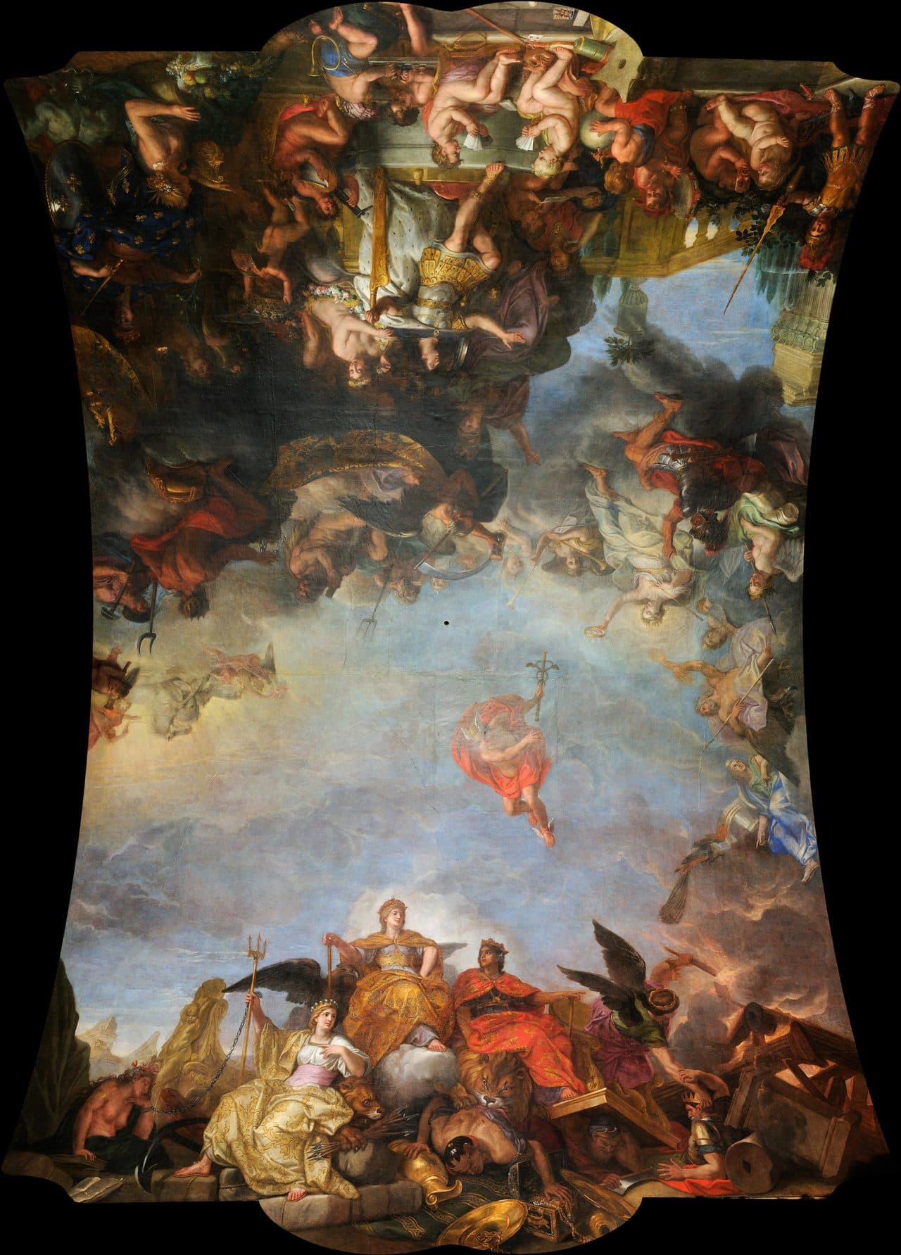 Palace of Versailles 3 Painted ceiling panel by Charles Le Brun showing Louis XIV governing, framed by gilded stucco and allegory