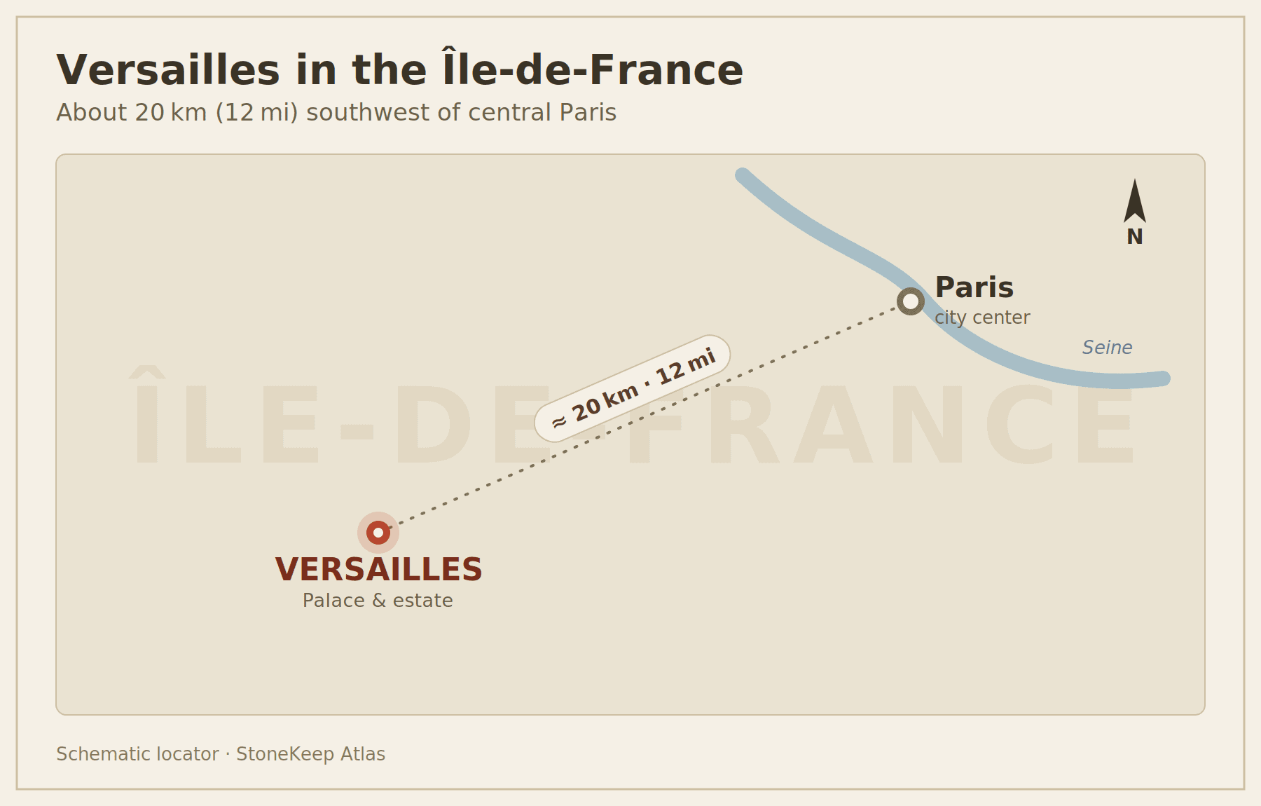 Palace of Versailles 11 Map showing Versailles about 20 km southwest of central Paris in the Ile-de-France