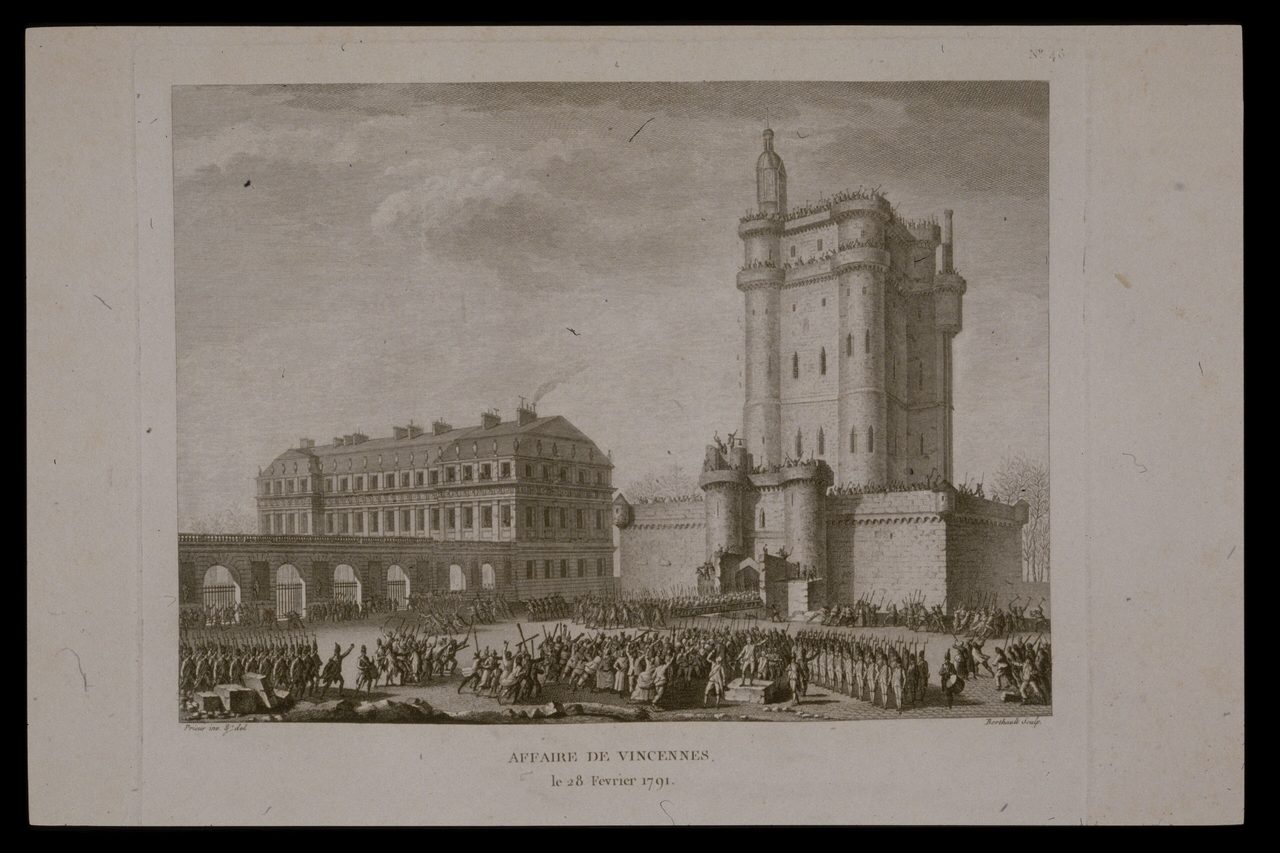 The 1791 assault on Vincennes — Berthault & Prieur, Public domain 1791 engraving of the mob assault on the Château de Vincennes