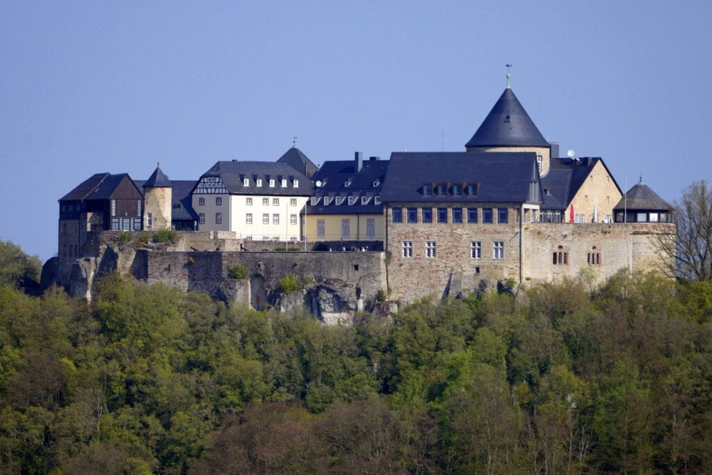 Waldeck Castle above the Edersee at low water, seen from the Kanzel viewpoint