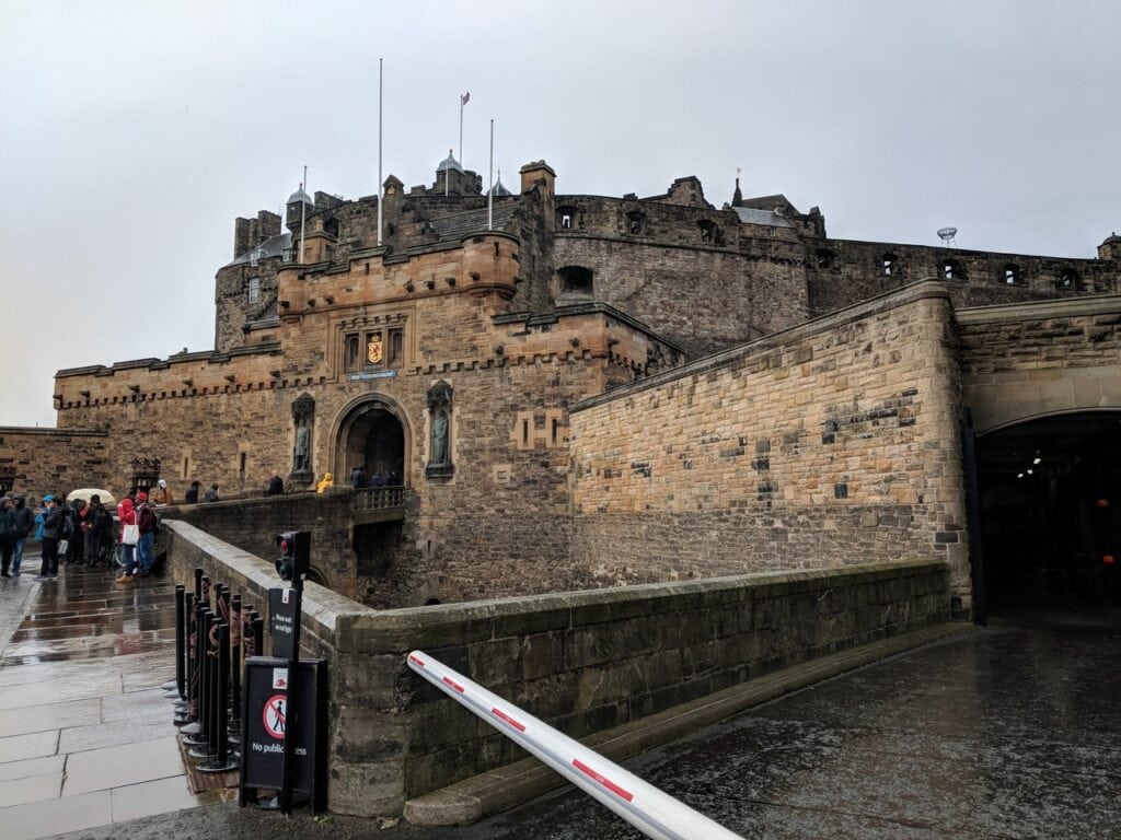 Edinburgh Castle 3 The gatehouse and forewall of Edinburgh Castle seen from the Esplanade, the ceremonial approach that leads up to the fortress entrance.