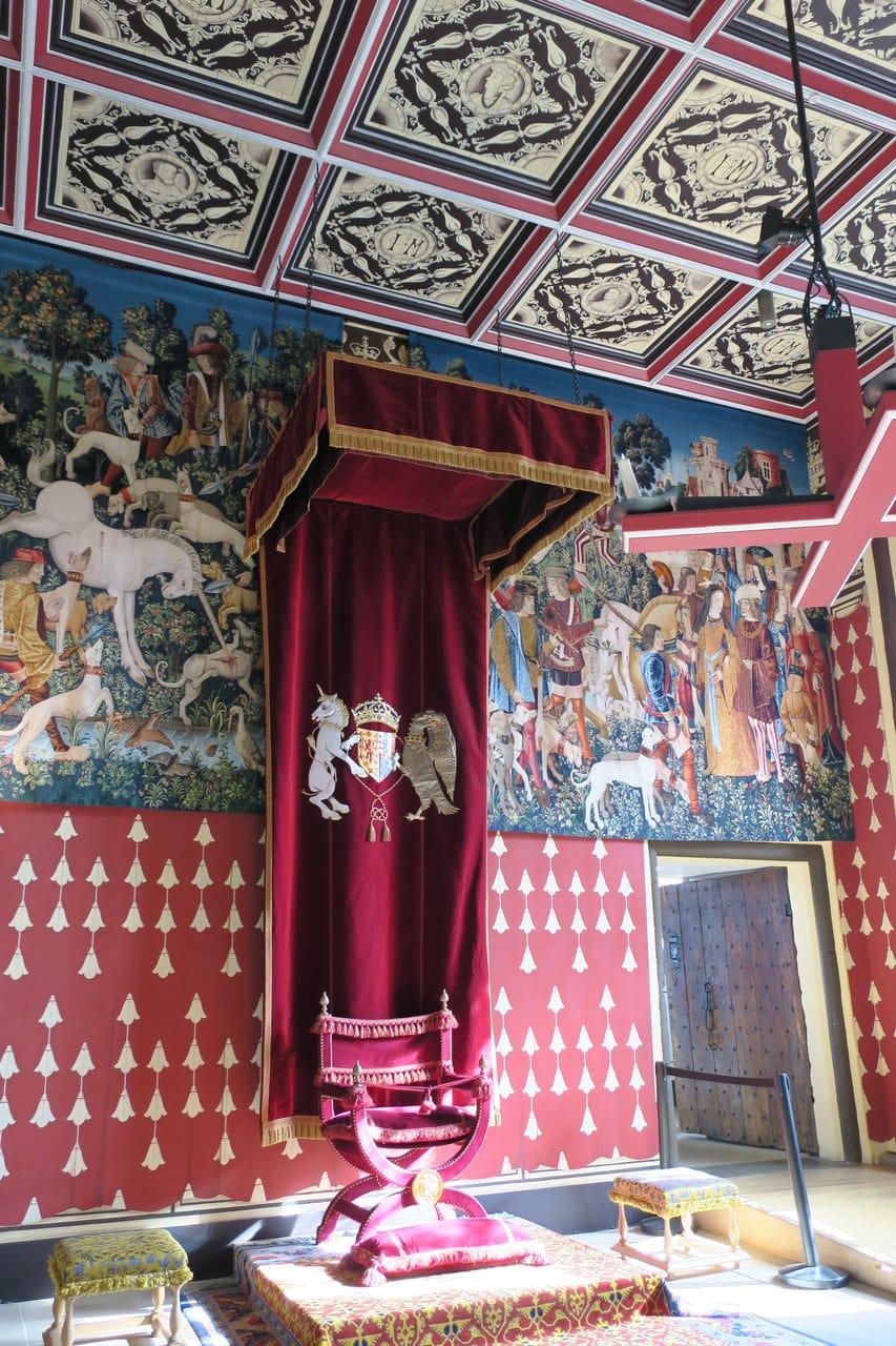 A chair of estate beneath its canopy in the Royal Palace, among the interiors re-created in 2011 with painted ceilings and woven hangings. A chair of estate beneath its canopy in the Royal Palace, among the interiors re-created in 2011 with painted ceilings and woven hangings.