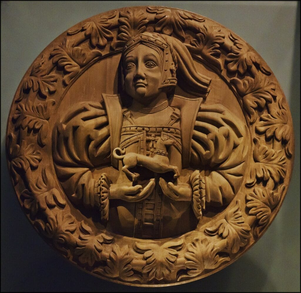 Stirling Castle 3 A carved oak Stirling Head, a royal portrait roundel from the palace ceiling, now in the Stirling Heads Gallery.