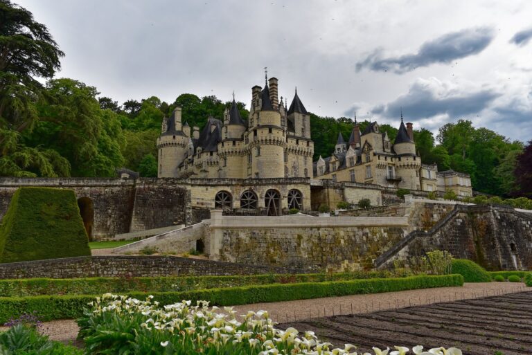 Château d'Ussé 1 The white west front and terraced gardens of Château d'Ussé above the Indre