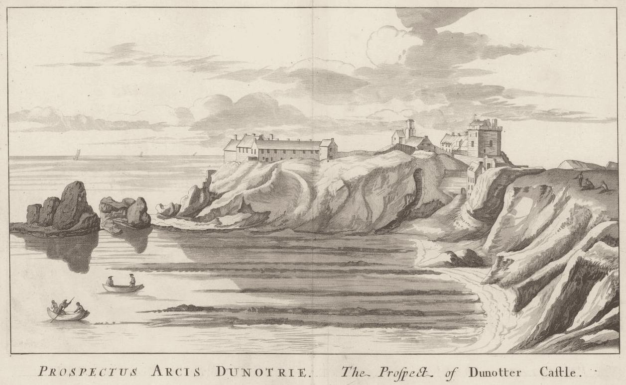 John Slezer's 1693 engraving of Dunnottar Castle from Theatrum Scotiae, showing the fortress on its cliff-top rock. John Slezer's 1693 engraving of Dunnottar Castle from Theatrum Scotiae, showing the fortress on its cliff-top rock.