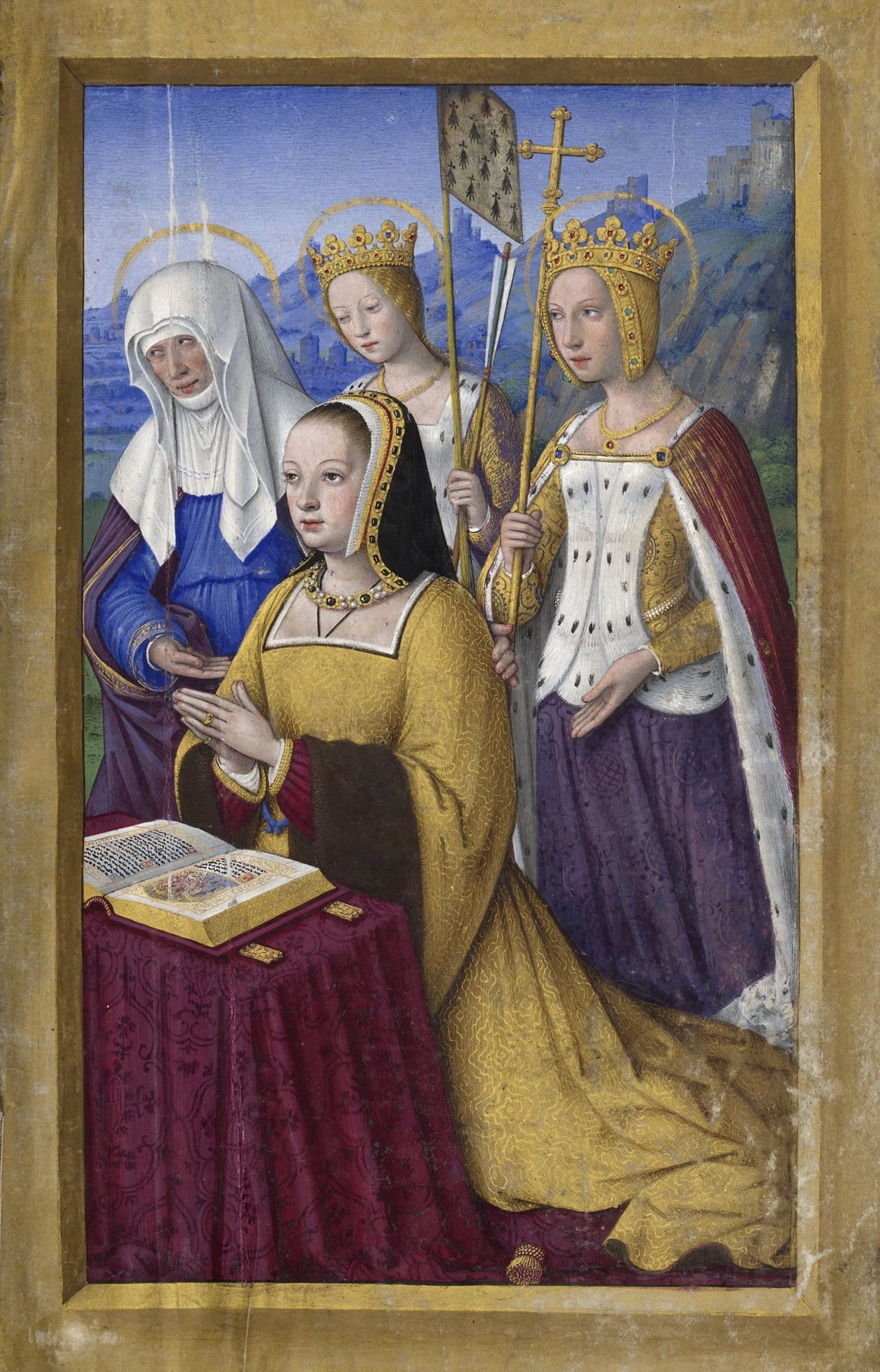 Anne of Brittany kneeling in prayer, flanked by three haloed saints, in her Grandes Heures Anne of Brittany kneeling in prayer, flanked by three haloed saints, in her Grandes Heures