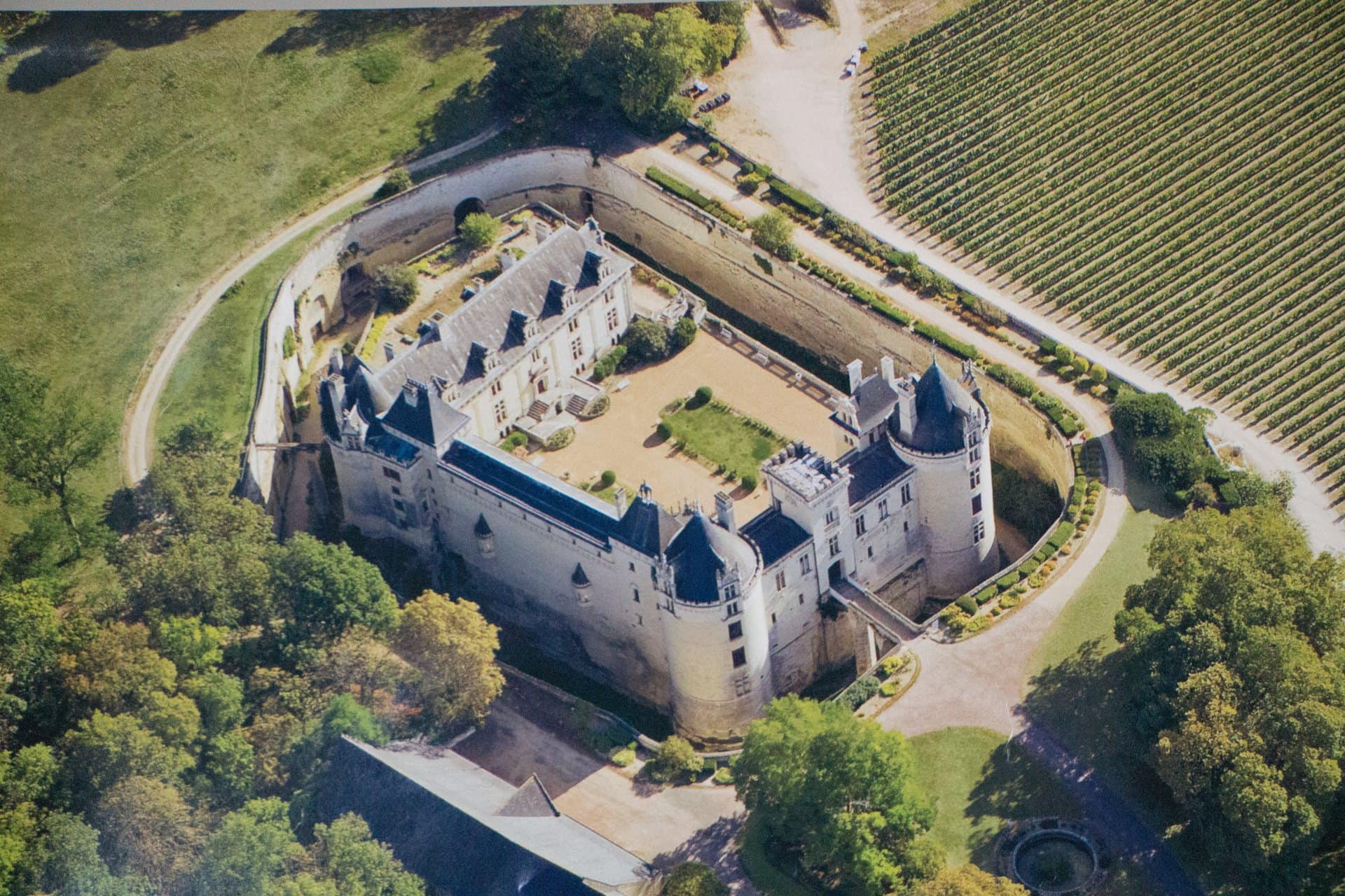 Aerial view of Château de Brézé and its dry moat