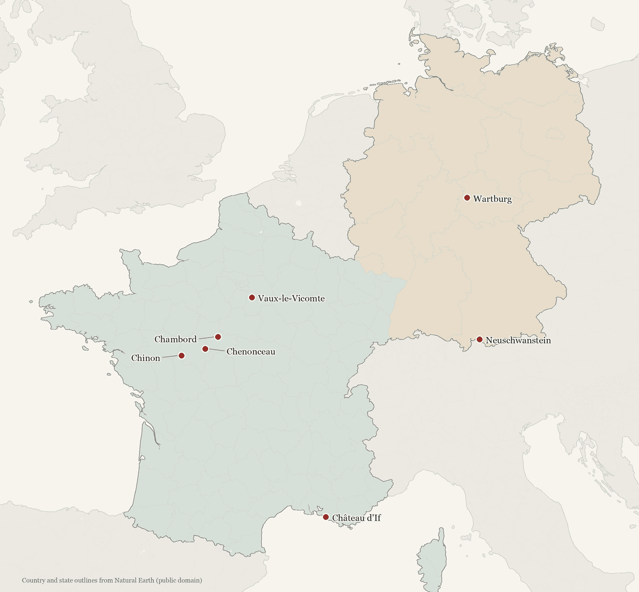 Map locating seven StoneKeep Atlas documentary castles in France and Germany.