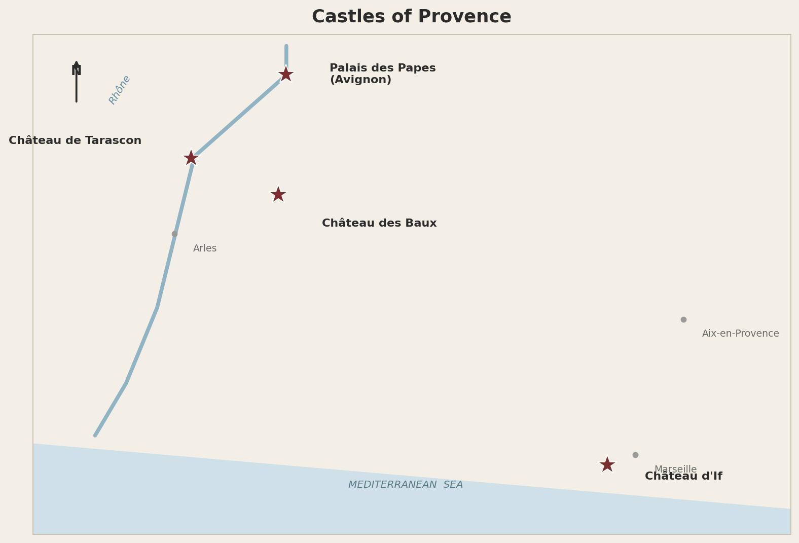 Castles of Provence: Four Great Strongholds of the South 2 Locator map of the four castles of Provence: Château d’If, Palais des Papes, Tarascon, and Les Baux