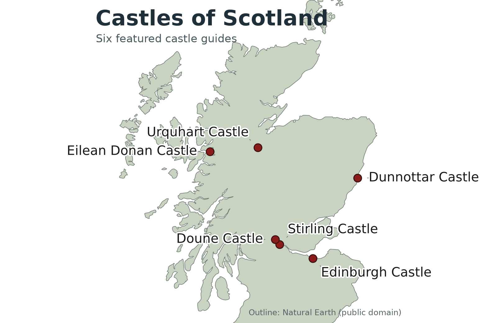 Locator map of the six featured castles of Scotland, from Edinburgh in the south-east to Eilean Donan on the west coast and Dunnottar on the North Sea Locator map of the six featured castles of Scotland, from Edinburgh in the south-east to Eilean Donan on the west coast and Dunnottar on the North Sea