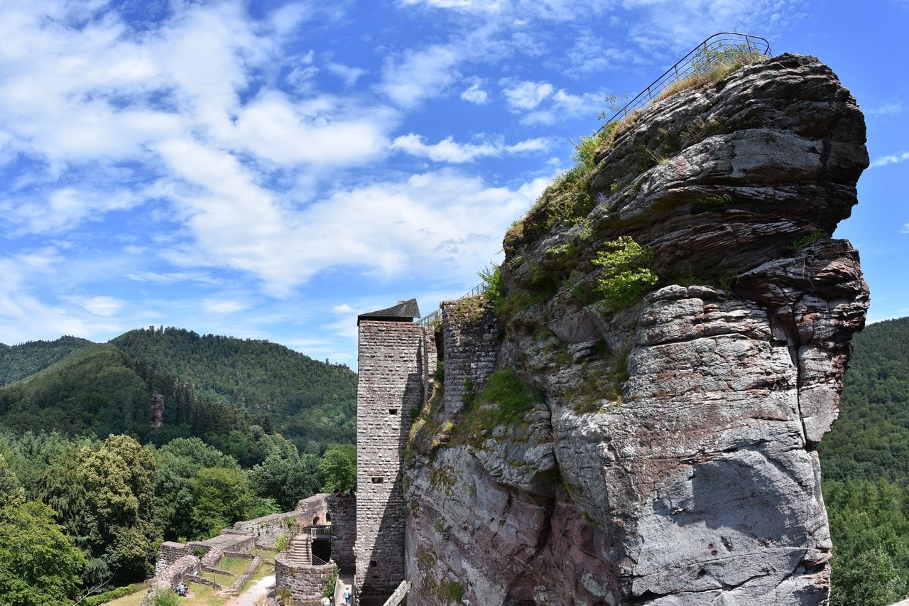 Château de Fleckenstein 1 The sandstone cliff of Château de Fleckenstein with its stair tower under a blue sky