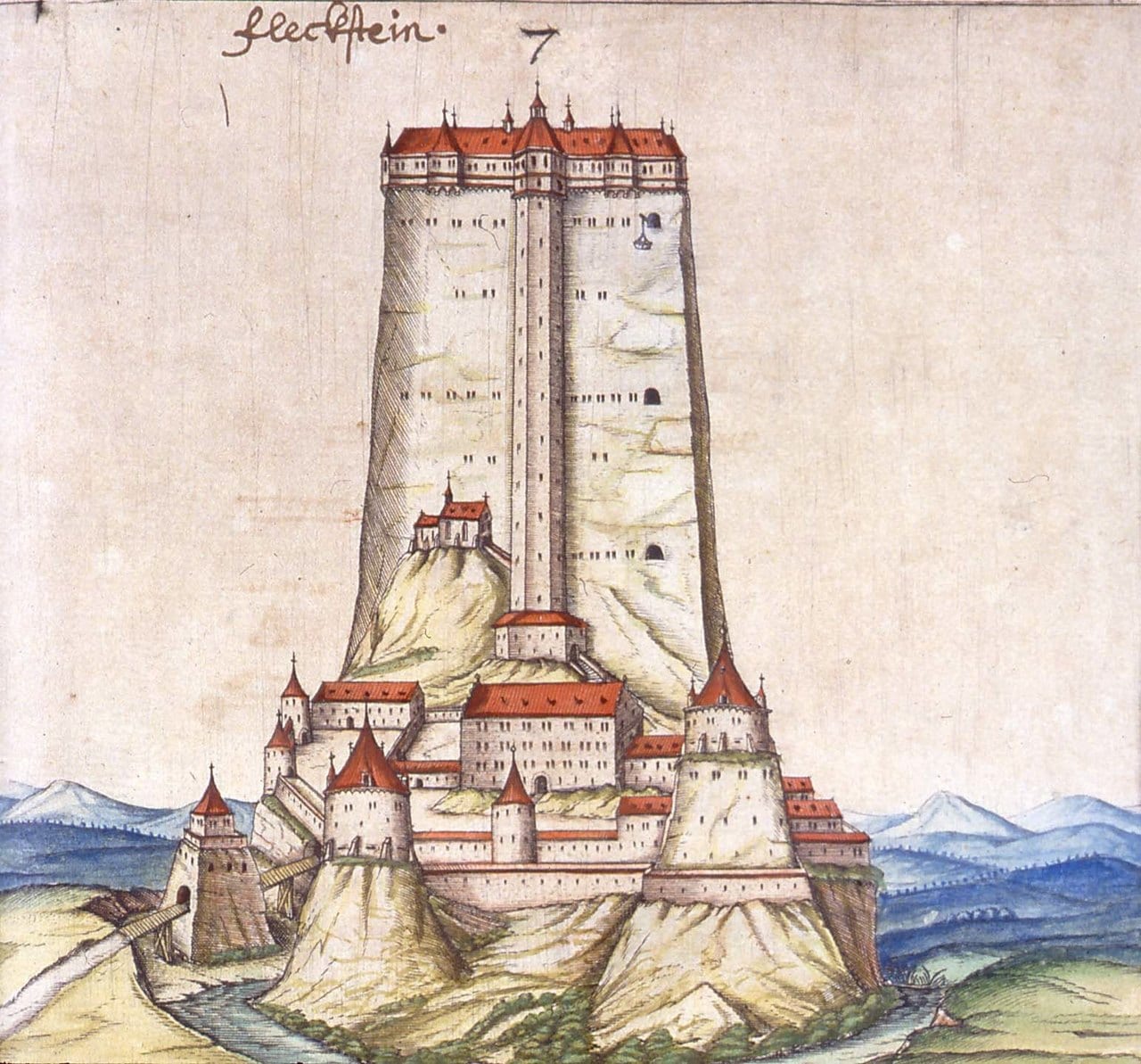A late-16th-century watercolor of Fleckenstein showing its tall vanished keep A late-16th-century watercolor of Fleckenstein showing its tall vanished keep
