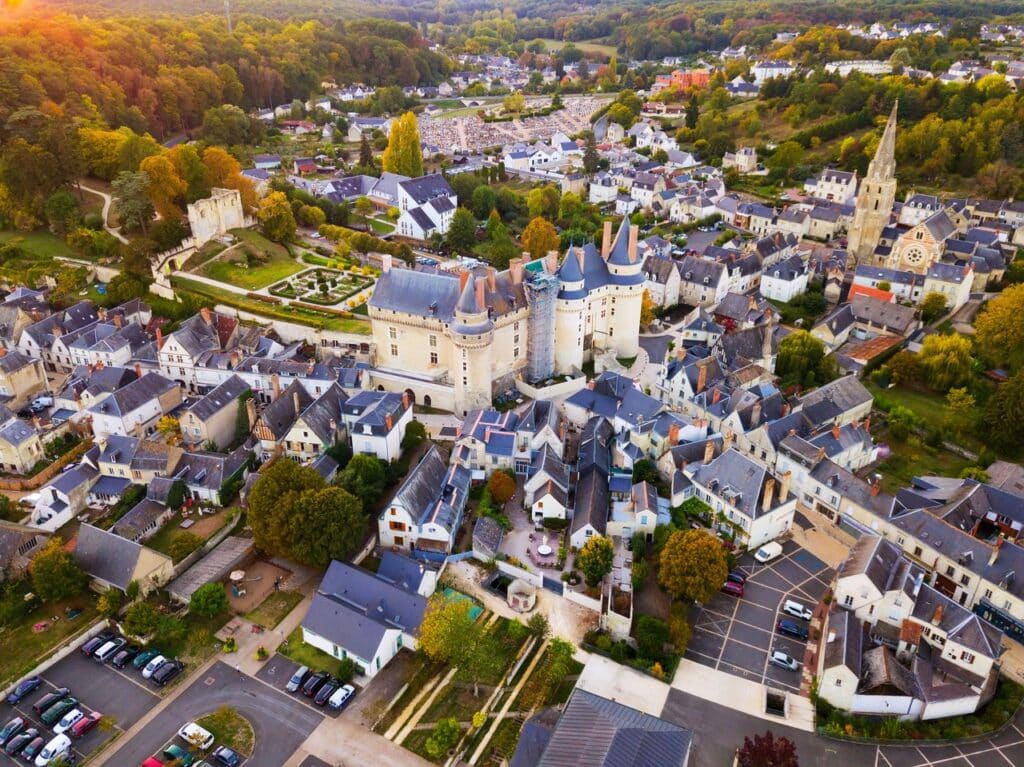 Château de Langeais 2 An aerial view of the chateau and the ruined keep above the town and its church. Photo: JackF / Adobe Stock.