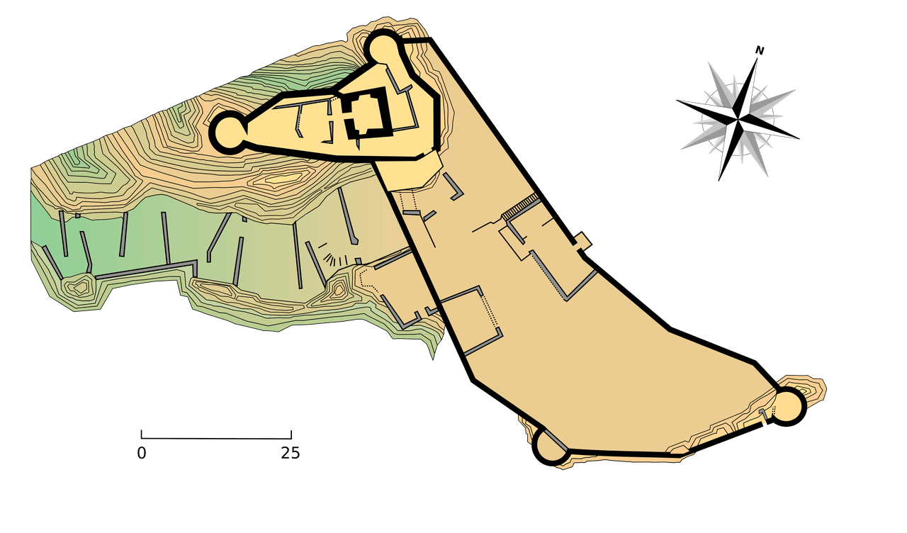 Plan of Château de Puilaurens showing its two joined enceintes Plan of Château de Puilaurens showing its two joined enceintes