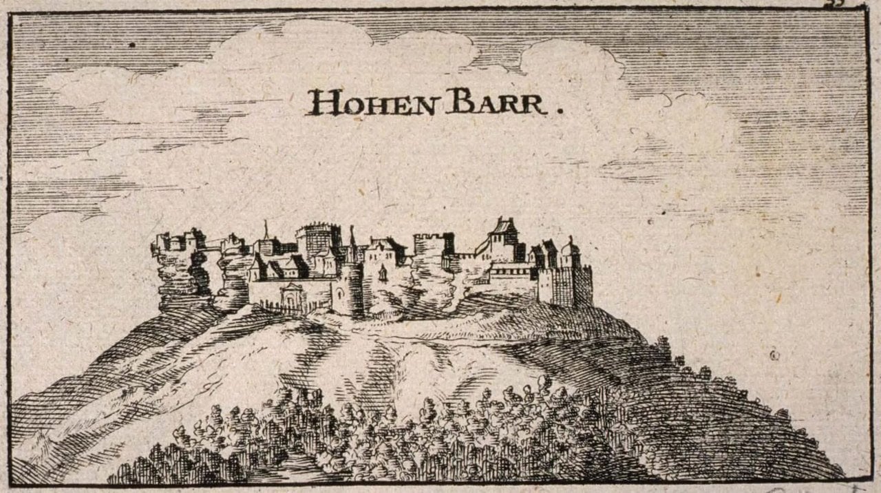 Engraving of 1752 showing the Hohen Barr castle with towers and upper works Engraving of 1752 showing the Hohen Barr castle with towers and upper works