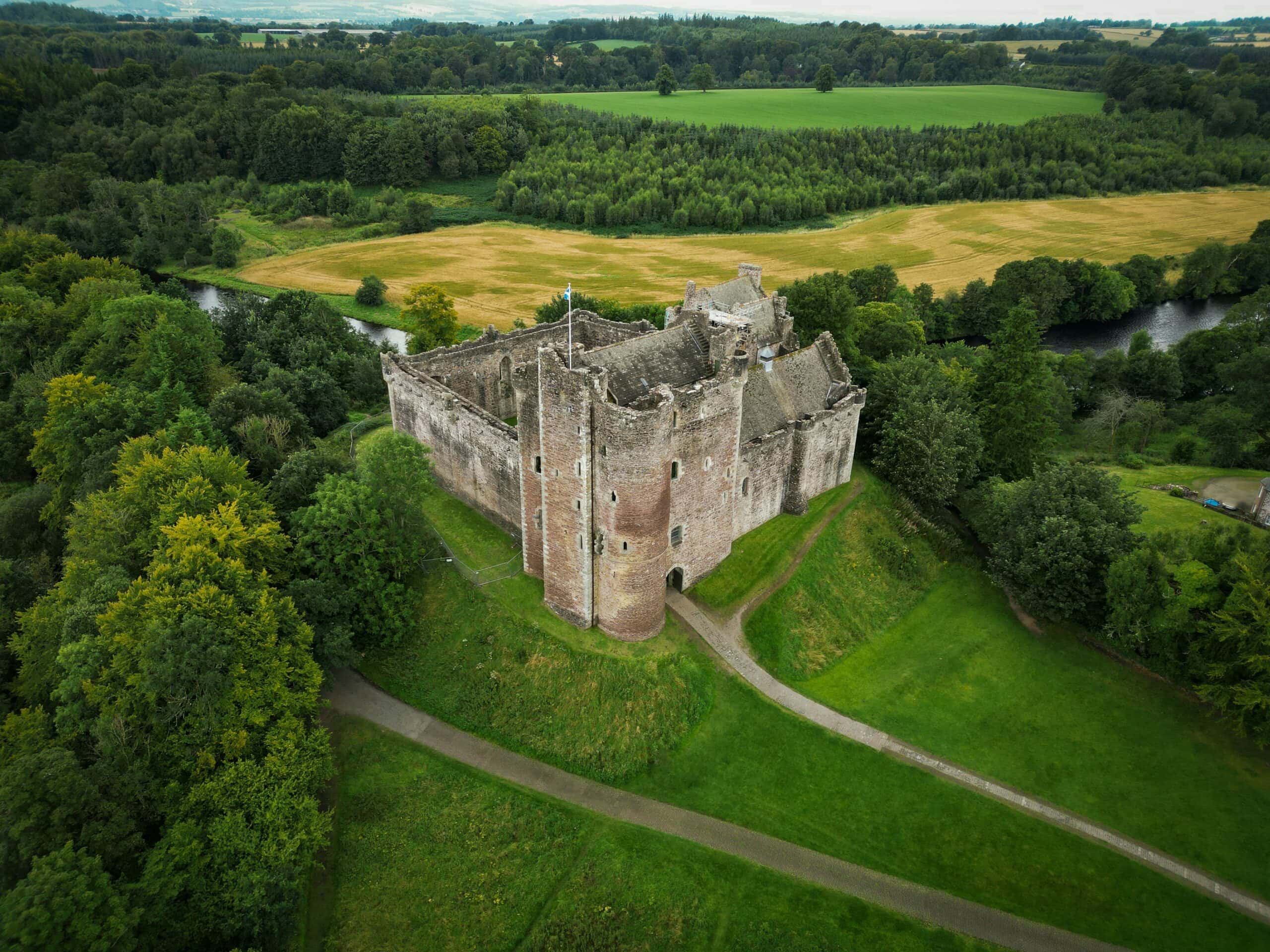 Doune Castle above the River Teith with its tall gatehouse tower