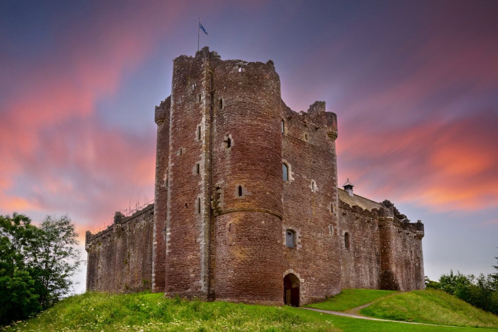 Doune Castle gatehouse tower in evening light