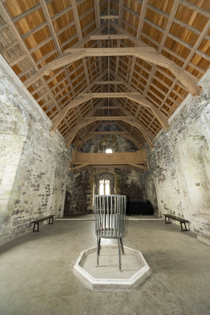 The great hall at Doune Castle with its central hearth open to the timber roof