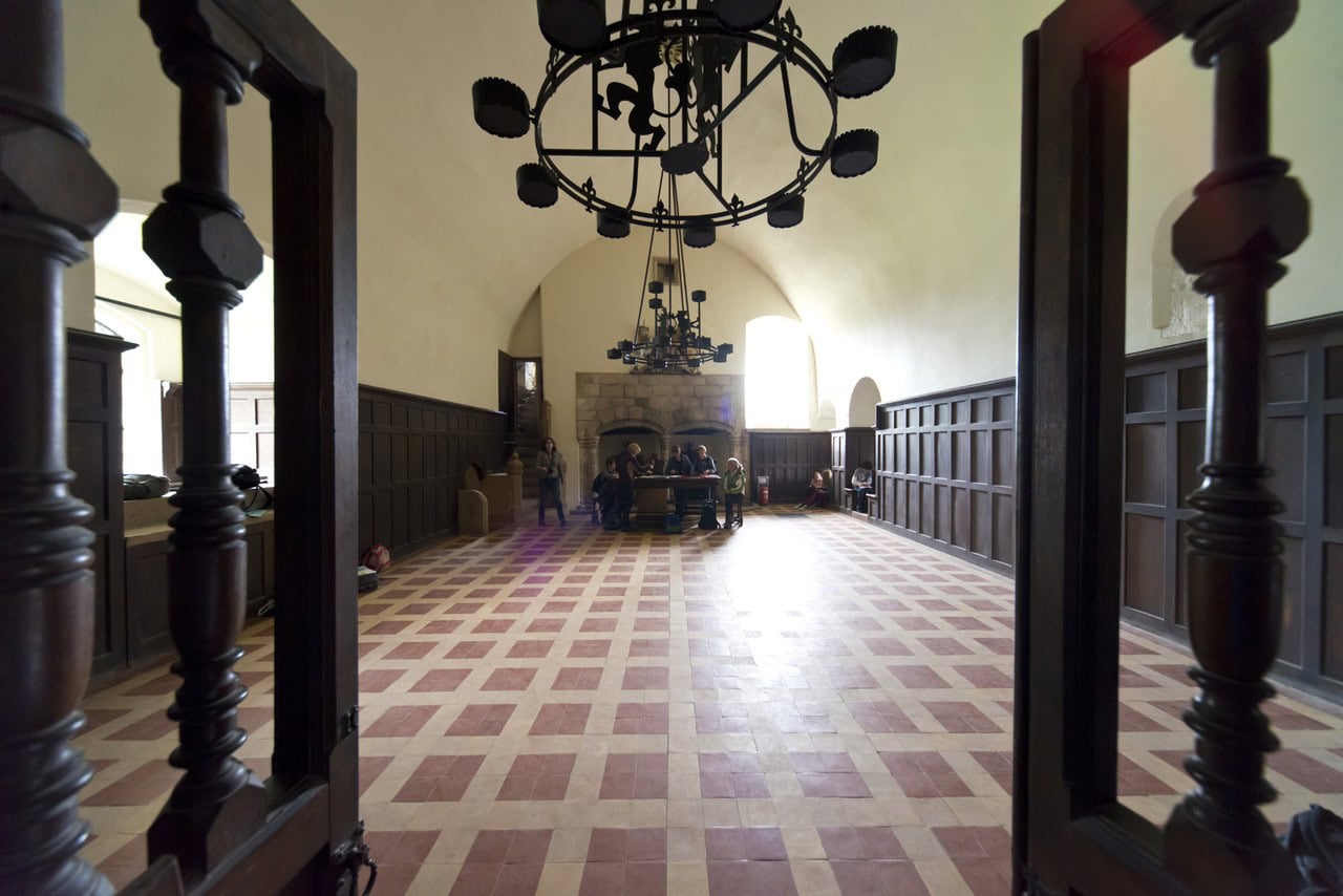 The Lord's Hall at Doune Castle with oak panelling and a minstrels' gallery