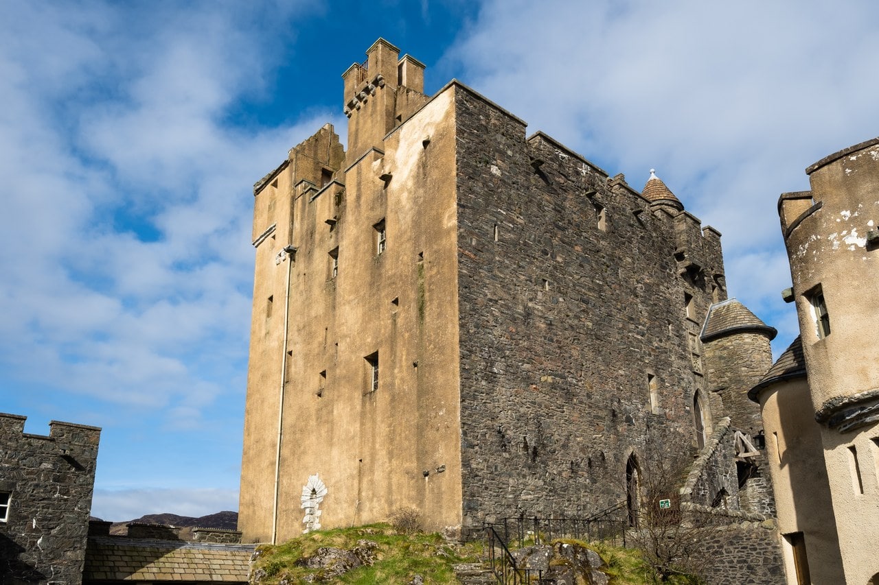 The tall rebuilt keep rises above the courtyard, its harled upper walls set on massive rubble-stone footings. The tall rebuilt keep rises above the courtyard, its harled upper walls set on massive rubble-stone footings.
