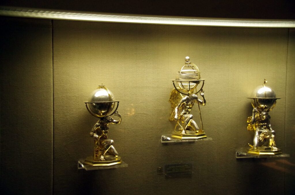 Gilt-silver figural ornaments displayed in the treasury (Schatzkammer) of Burg Eltz