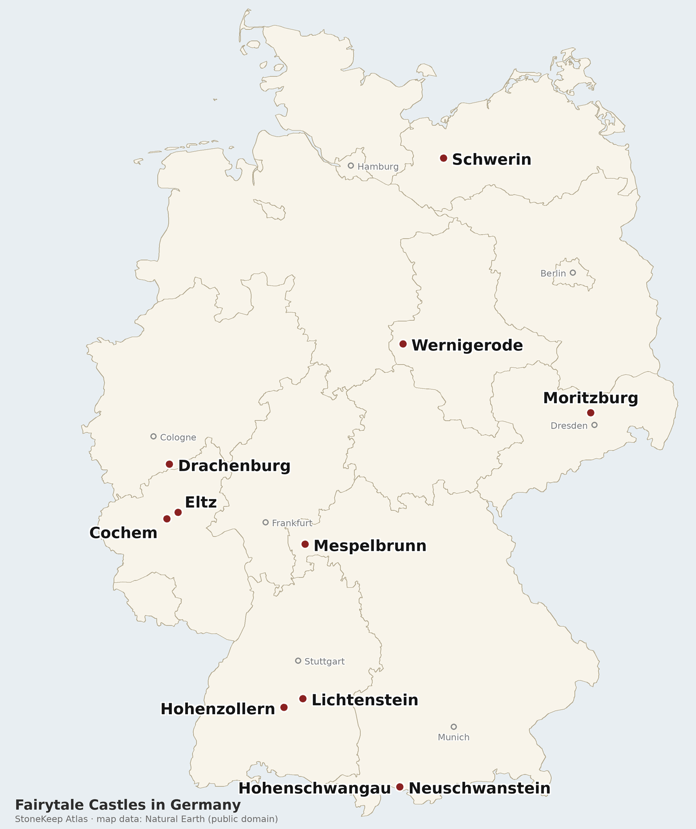 Map of the eleven fairytale castles in Germany with reference cities