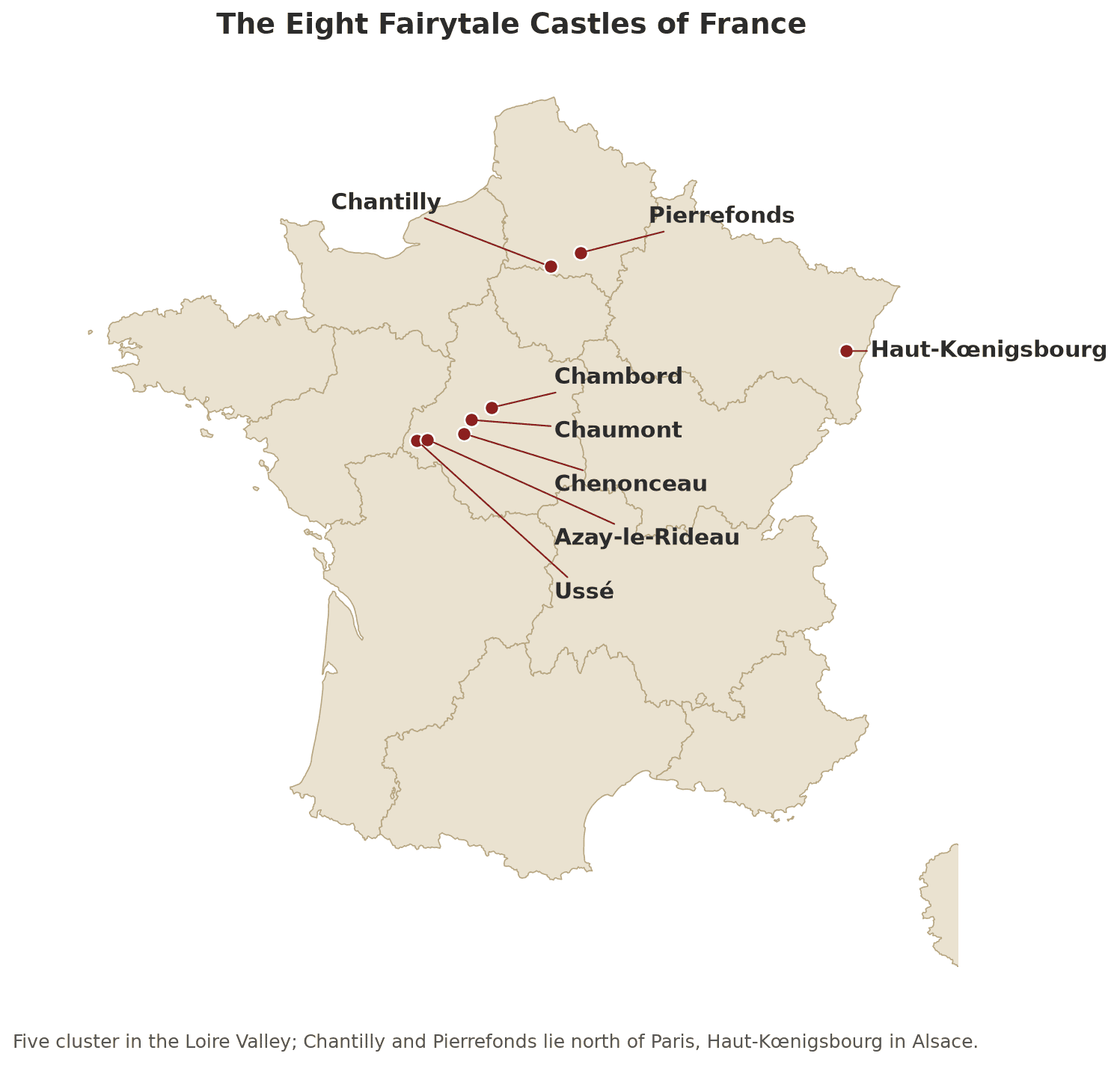 Map of the eight fairytale castles of France, from the Loire Valley cluster to Haut-Kœnigsbourg in Alsace Map of the eight fairytale castles of France, from the Loire Valley cluster to Haut-Kœnigsbourg in Alsace