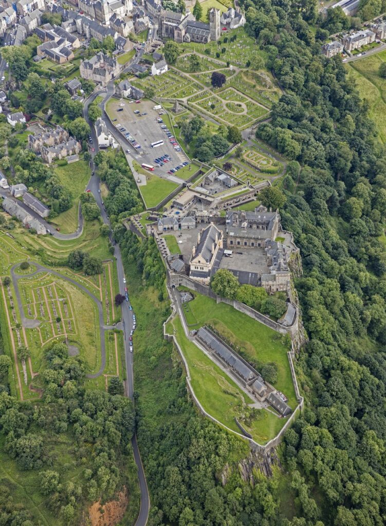 Stirling Castle 6 A near-vertical aerial of Stirling Castle, with the Church of the Holy Rude and its old burial ground spread out below the fortress.