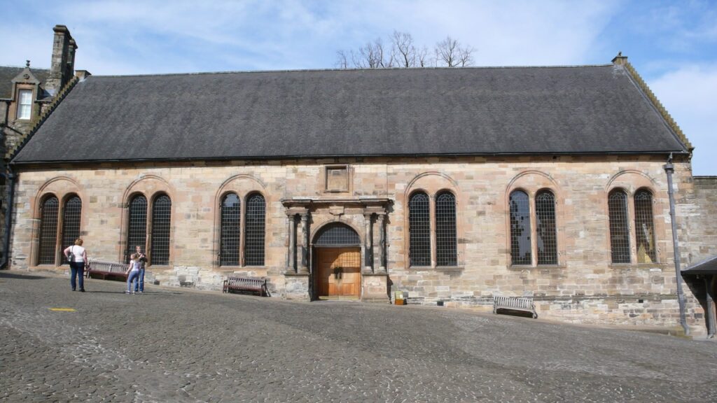 Stirling Castle 7 The Chapel Royal's long facade on the upper square, its paired round-arched windows flanking a classical entrance.
