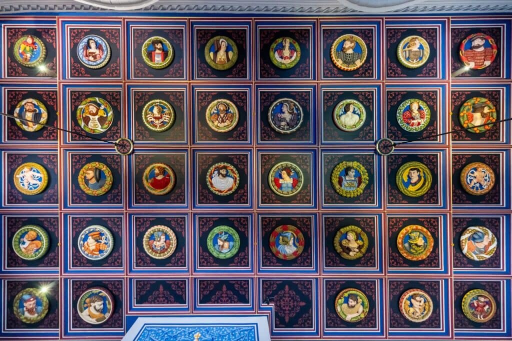 Stirling Castle 5 A re-created coffered ceiling set with brightly painted replicas of the Stirling Heads.