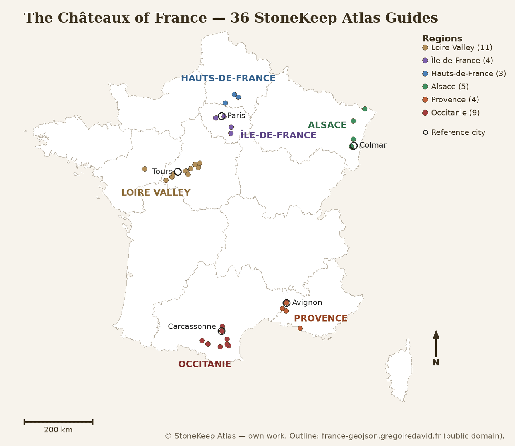 Map of the châteaux of France covered by StoneKeep Atlas, thirty-six castles color-coded by region