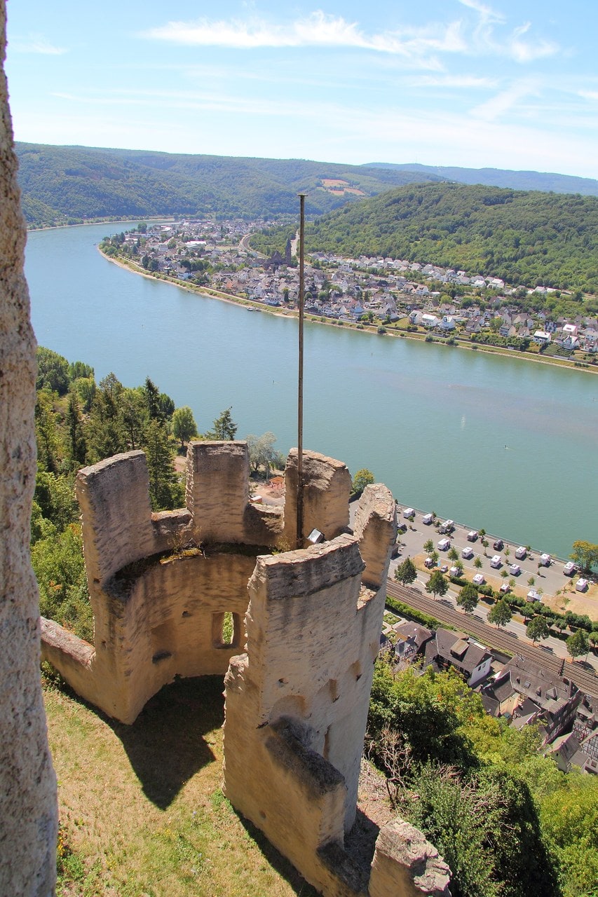 View from Marksburg's wall over a round turret to the Rhine and the gorge beyond