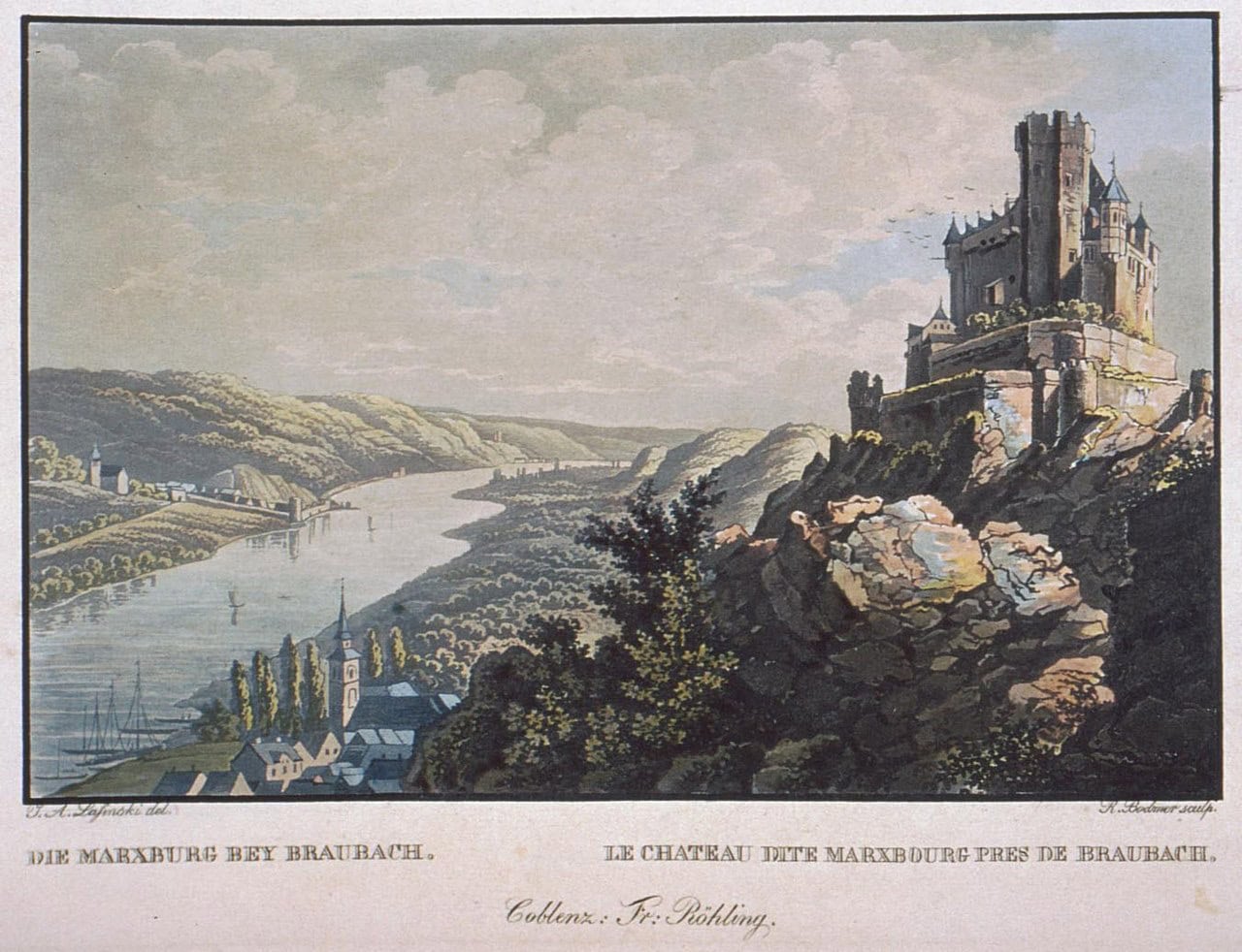 Hand-colored aquatint of about 1830 showing Marksburg above Braubach
