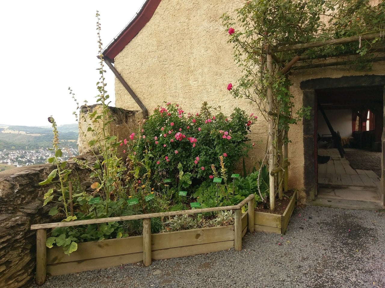 Labeled raised beds of the herb garden at Marksburg along a rendered wall