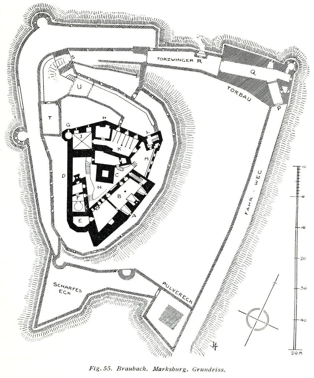 A measured black and white ground plan captioned Braubach. Marksburg. Grundriss, showing solid black building ranges set against the inside of a roughly triangular enclosing wall around a small courtyard, with outer gate works, walls and bastions drawn around them and a scale bar at the right. A measured black and white ground plan captioned Braubach. Marksburg. Grundriss, showing solid black building ranges set against the inside of a roughly triangular enclosing wall around a small courtyard, with outer gate works, walls and bastions drawn around them and a scale bar at the right.