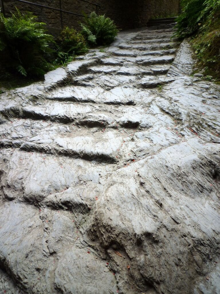 Shallow steps cut into the slate bedrock on the Reitertreppe at Marksburg
