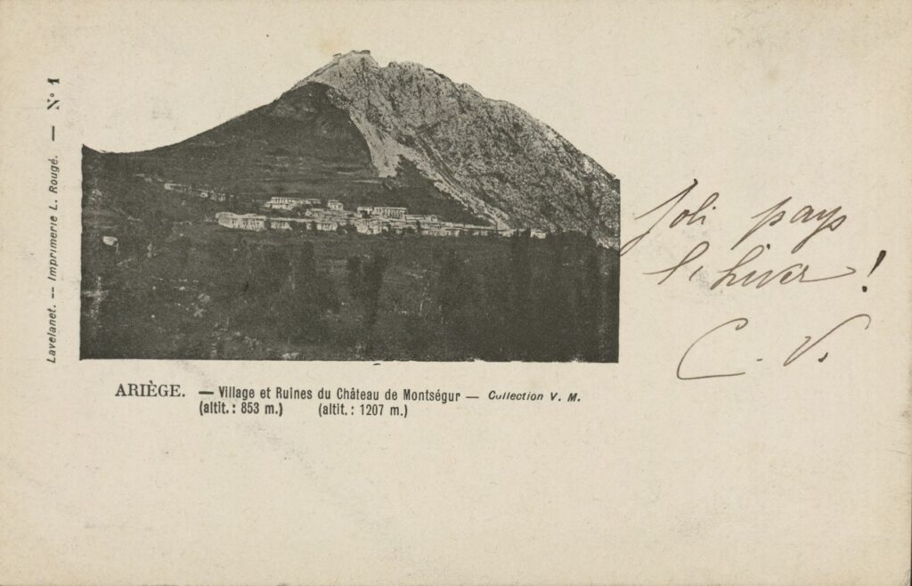Château de Montségur 2 Early-20th-century view of Montségur village below the pog