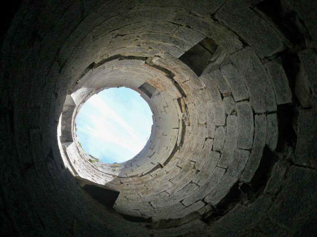 Château de Montségur 5 Looking skyward inside a round tower of Montségur