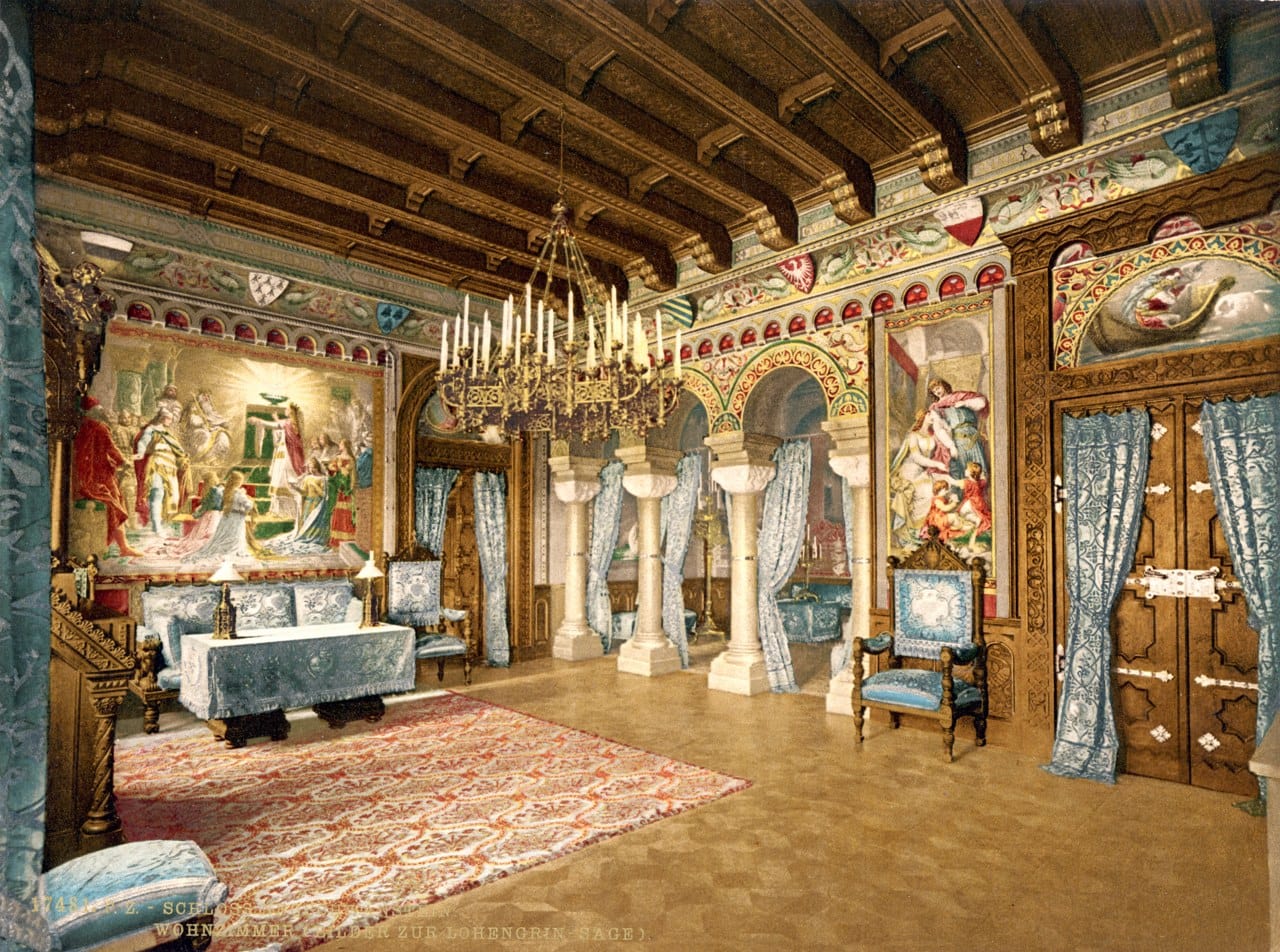 The Salon at Neuschwanstein, devoted to the Lohengrin legend, in a photochrom of about 1900 The Salon at Neuschwanstein, devoted to the Lohengrin legend, in a photochrom of about 1900