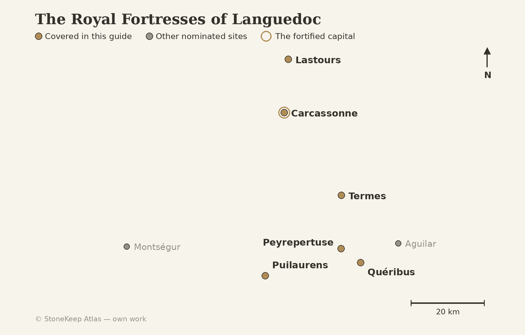 Royal Fortresses of Languedoc: Carcassonne and the Mountain Sentinels 2 A locator map of the Royal Fortresses of Languedoc: the six fortresses covered in this guide and the two other nominated sites across the Aude and Ariège.