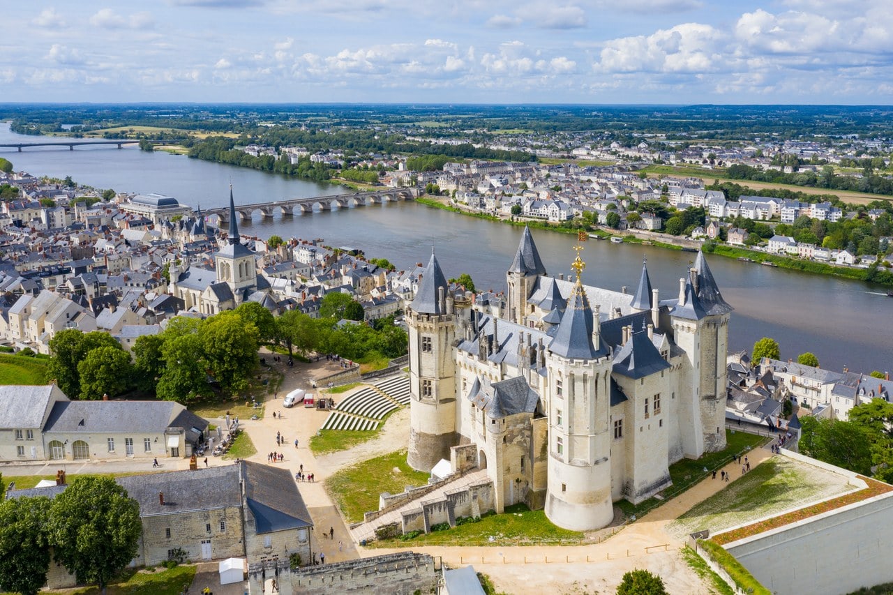 Aerial view of Château de Saumur over the town and the Loire Aerial view of Château de Saumur over the town and the Loire