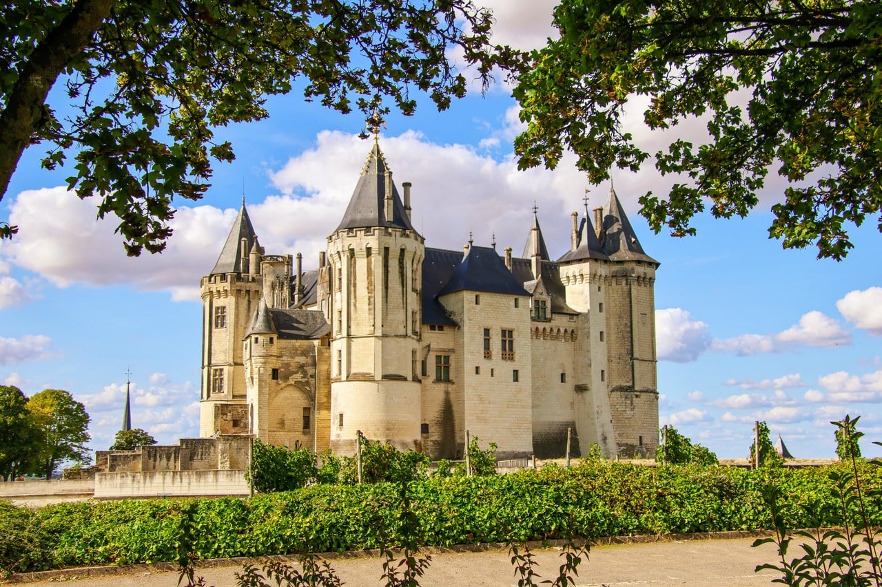 The three surviving wings of Château de Saumur, tree-framed The three surviving wings of Château de Saumur, tree-framed