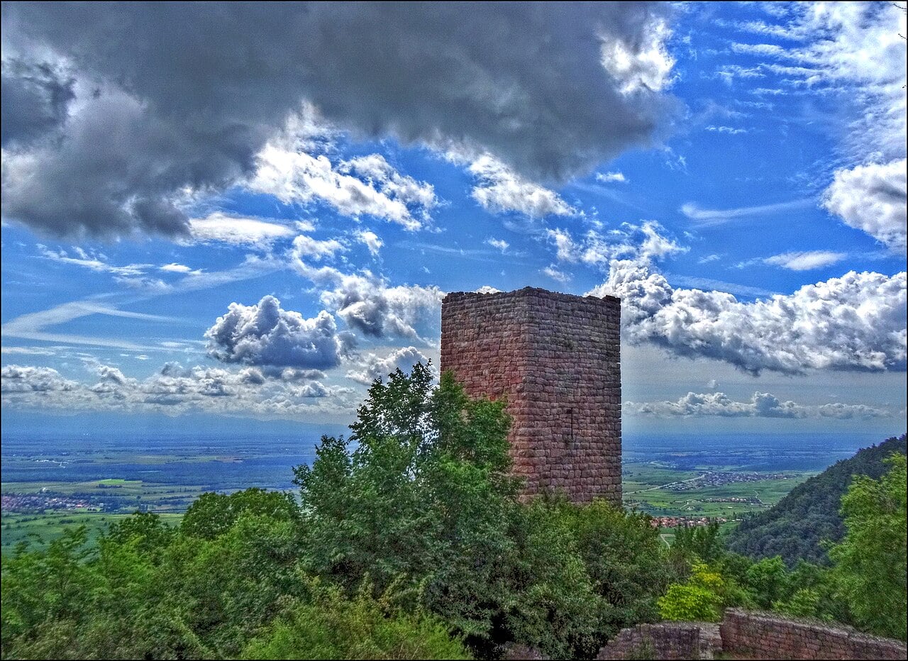 The reward for the climb: the view from the castles across the Alsace plain, with the Black Forest on the horizon The reward for the climb: the view from the castles across the Alsace plain, with the Black Forest on the horizon
