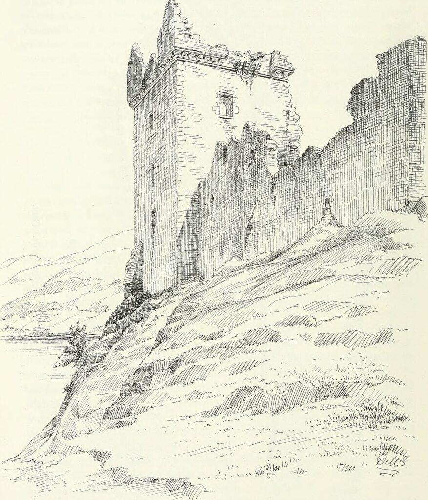 Urquhart Castle 9 1887 drawing of the Grant Tower at Urquhart Castle