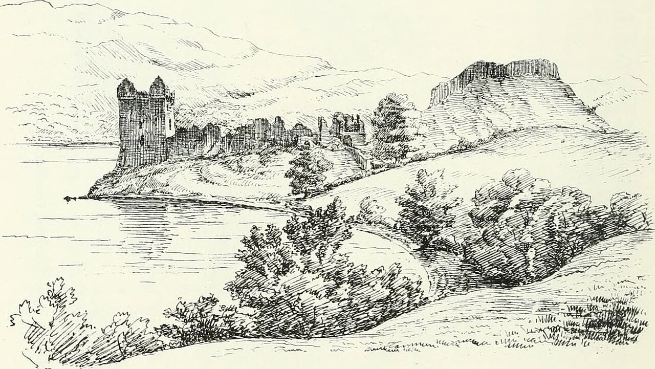 Late-19th-century engraving of Urquhart Castle on Loch Ness Late-19th-century engraving of Urquhart Castle on Loch Ness