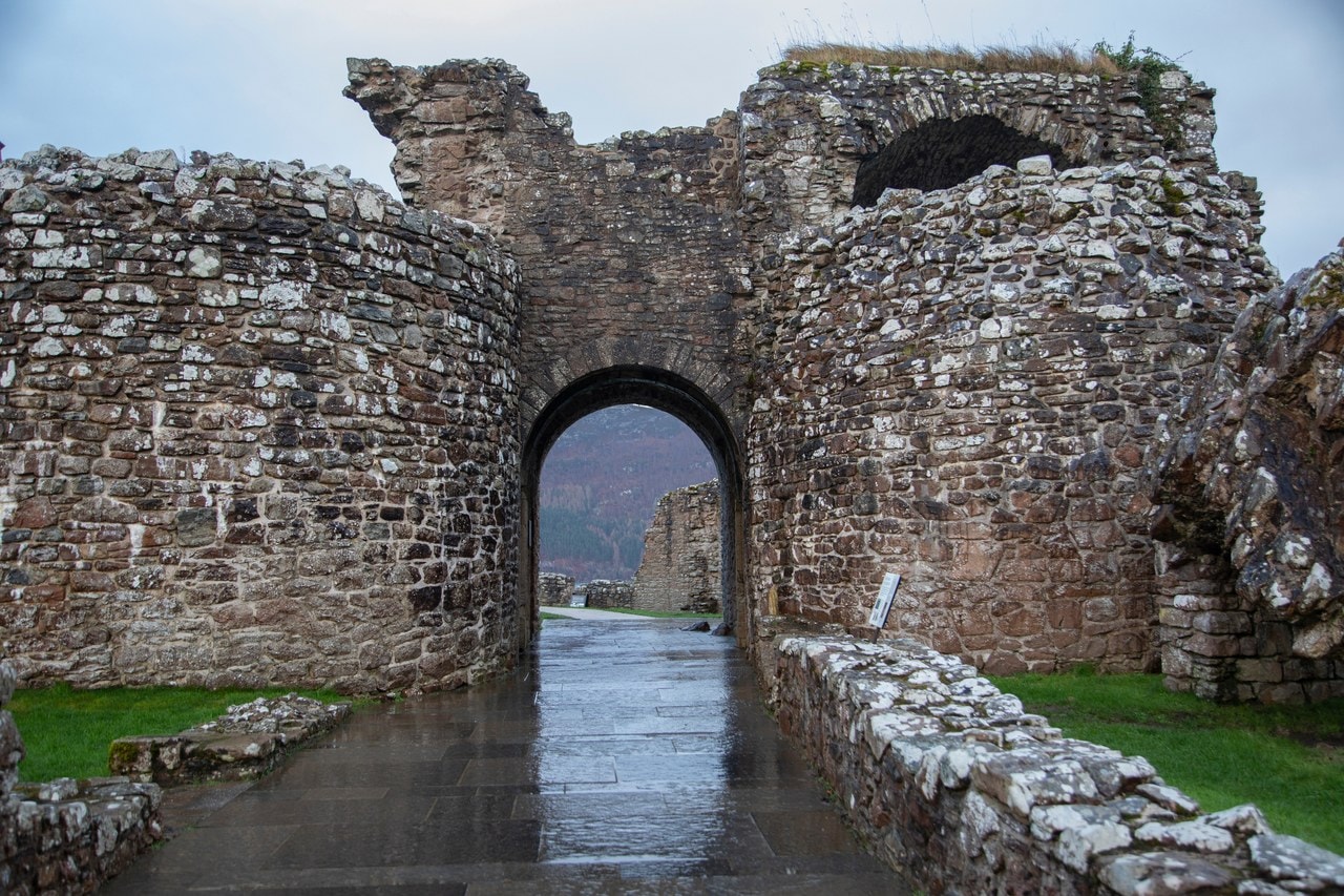 The ruined twin-towered gatehouse of Urquhart Castle The ruined twin-towered gatehouse of Urquhart Castle