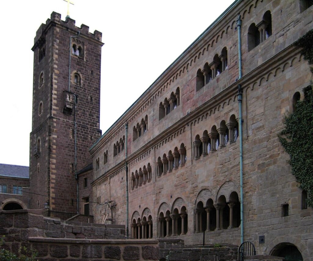 The Bergfried keep and arcaded Palas facade in the inner courtyard of Wartburg Castle