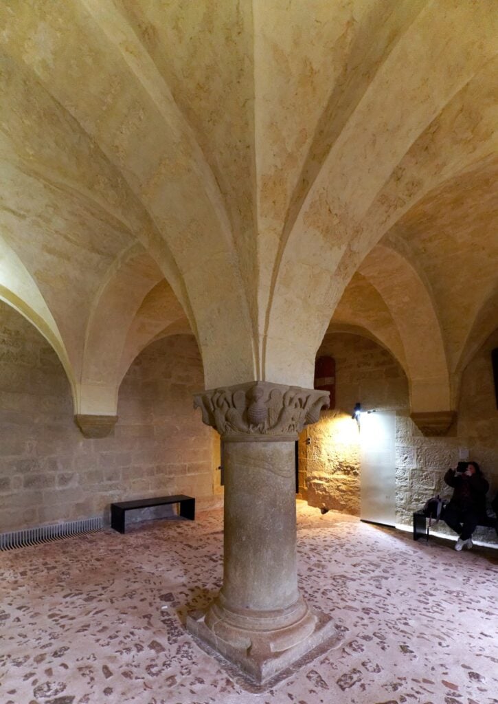 The vaulted Rittersaal or Knights' Hall of Wartburg Castle rising from a single Romanesque column